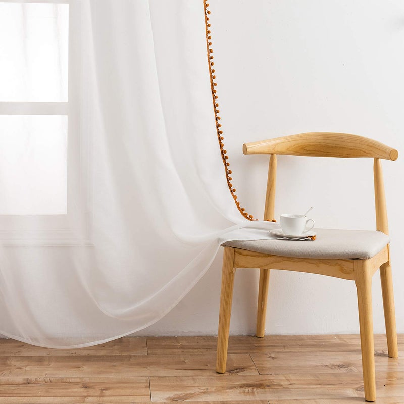 MISS SELECTEX Linen Look Pom Pom Tasseled Sheer Curtains - Rod Pocket Voile Semi-Sheer Curtains for Living and Bedroom, Set of 2 Curtain Panels (52 x 95 inch, White Sheer & Pumpkin Yellow Pom Poms) - Image 5